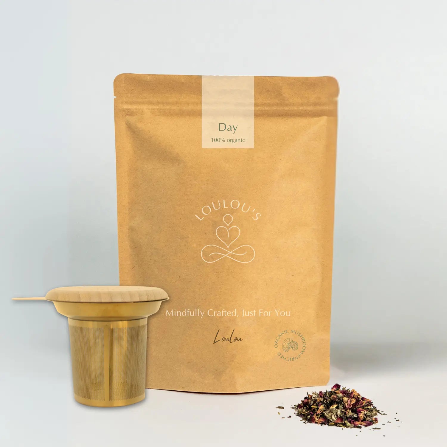 Personalised Japanese Day Tea Blend — organic kraft pouch with gold SereniTea infuser and loose leaf herbs