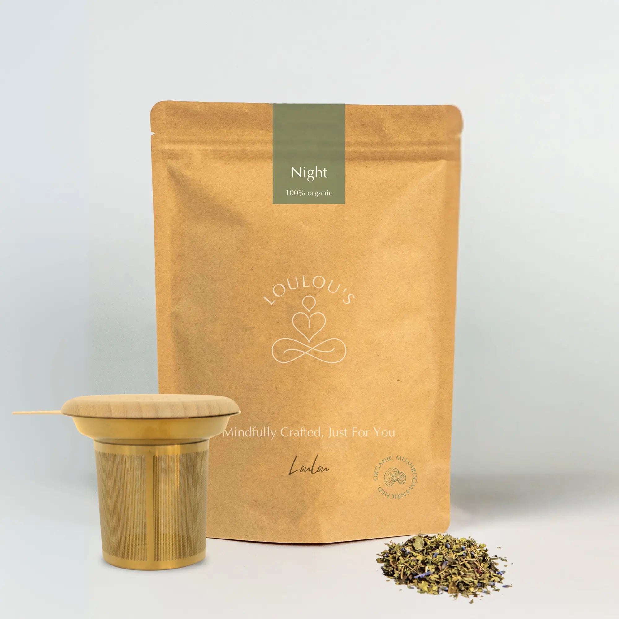 Personalised Japanese Sleep Tea Blend — organic night pouch with gold SereniTea infuser and loose herbs