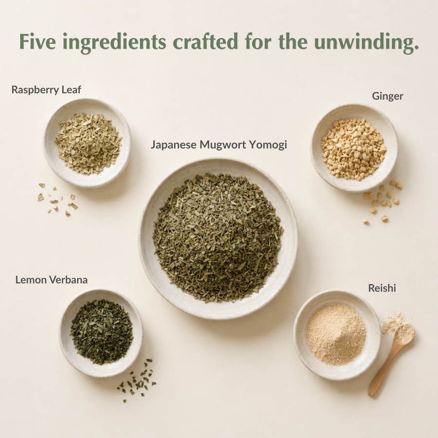 Yomogi Dream ingredients flatlay — Japanese Mugwort, Raspberry Leaf, Ginger, Lemon Verbena, and Reishi mushroom for restful sleep by Loulou's Tea