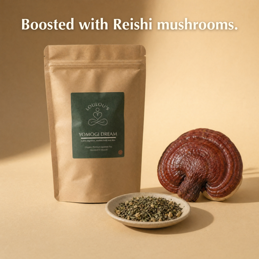 Yomogi Dream organic mugwort sleep tea pouch with whole Reishi mushroom — adaptogenic Japanese tea blend by Loulou's Tea