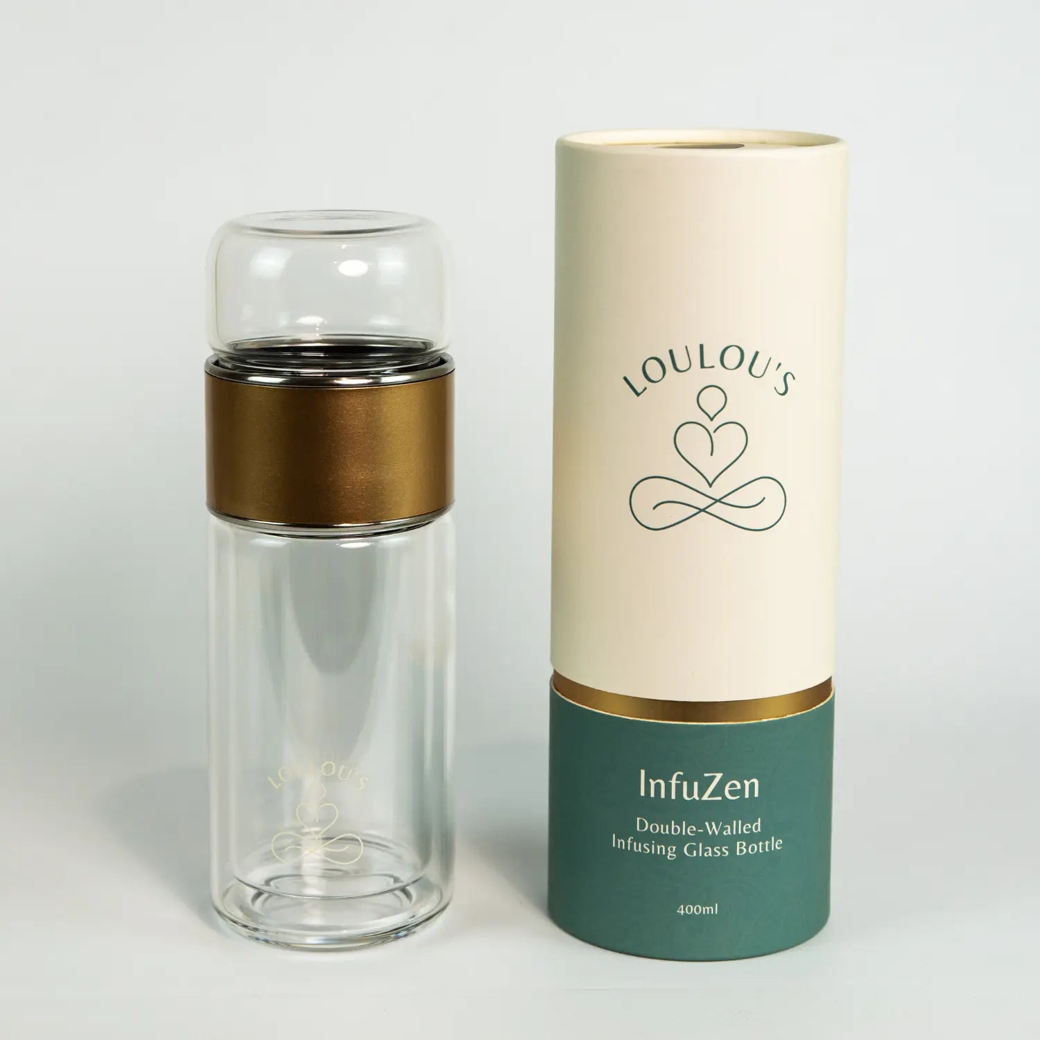 InfuZen double-walled infusing glass bottle 400ml with gold lid and branded gift box by Loulou's Tea