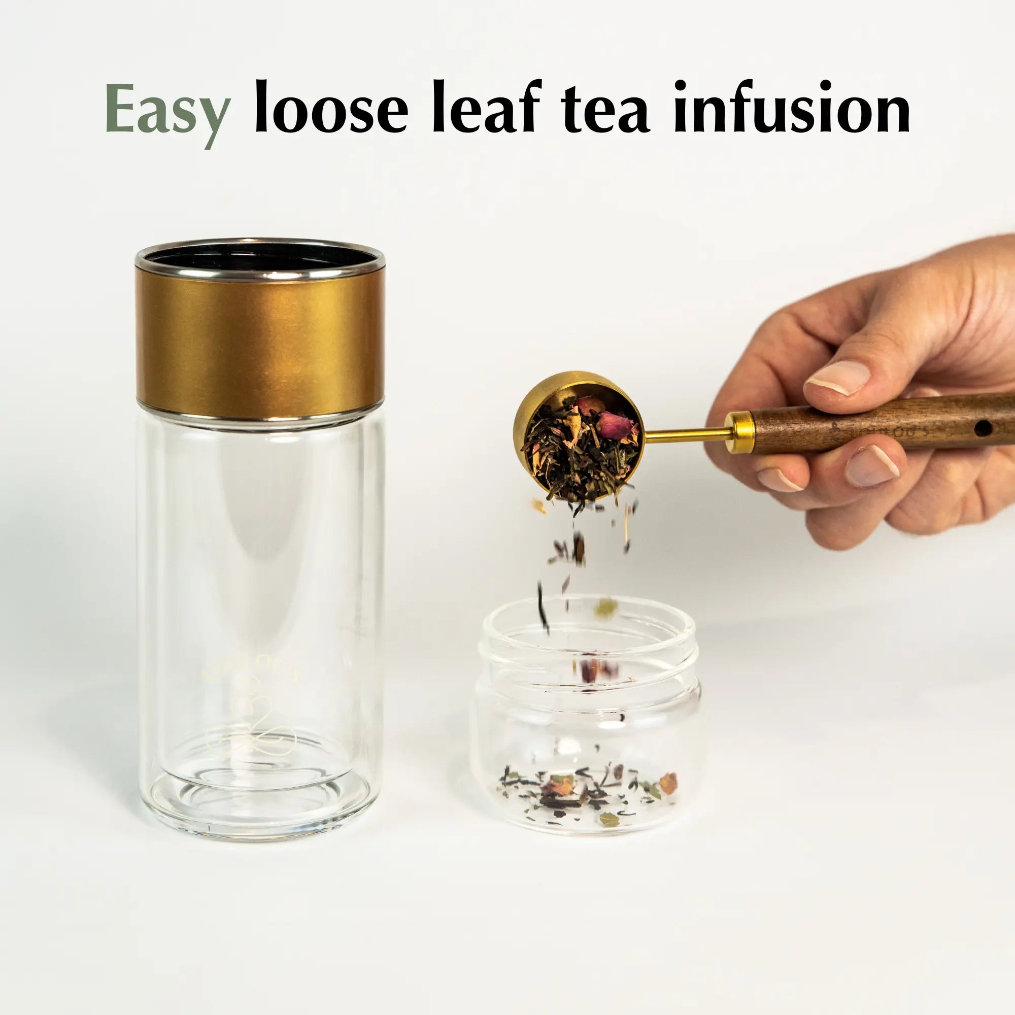 InfuZen glass tea bottle — easy loose leaf tea infusion with built-in strainer and PuriTea scoop