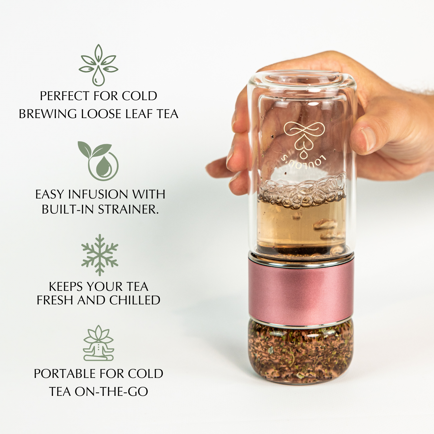 InfuZen cold brew tea bottle with built-in strainer — portable loose leaf infusion for iced tea on the go